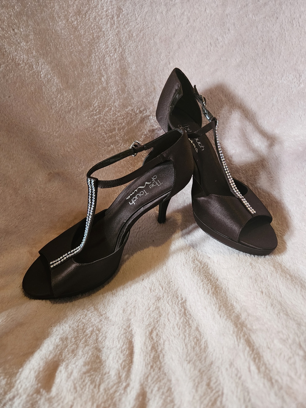 Nina Black Satin T-Strap Heels with Rhinestone Detail